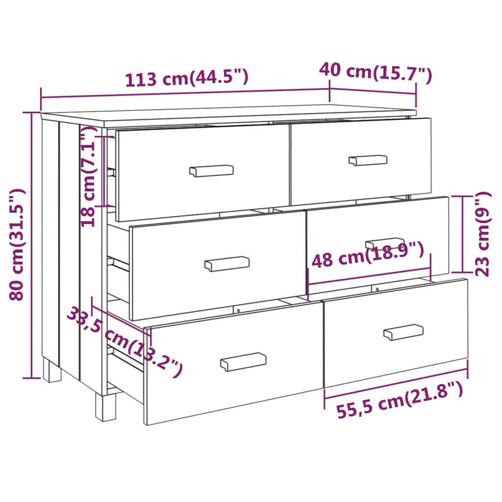 Credenza HAMAR Bianca 113x40x80 cm in Legno Massello di Pino - homemem39