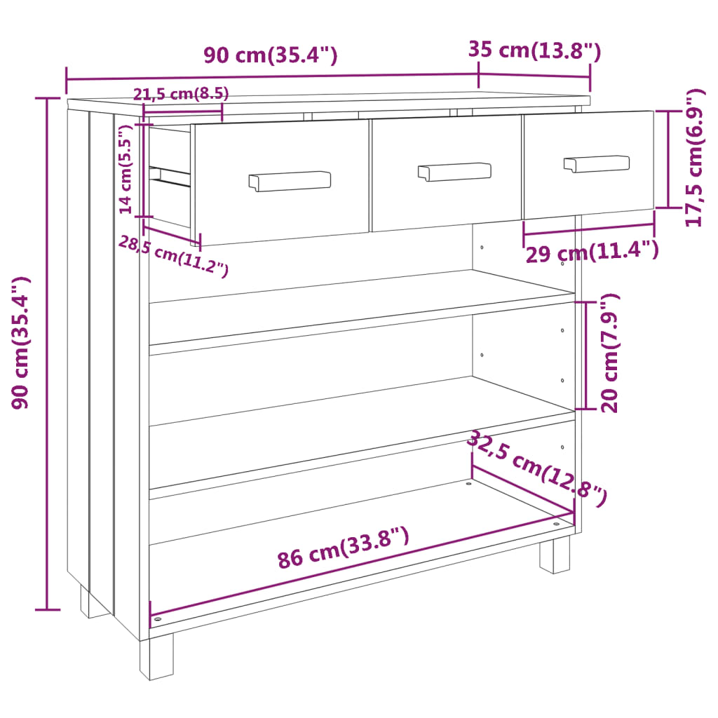 Consolle HAMAR Miele 90x35x90 cm in Legno Massello di Pino - homemem39