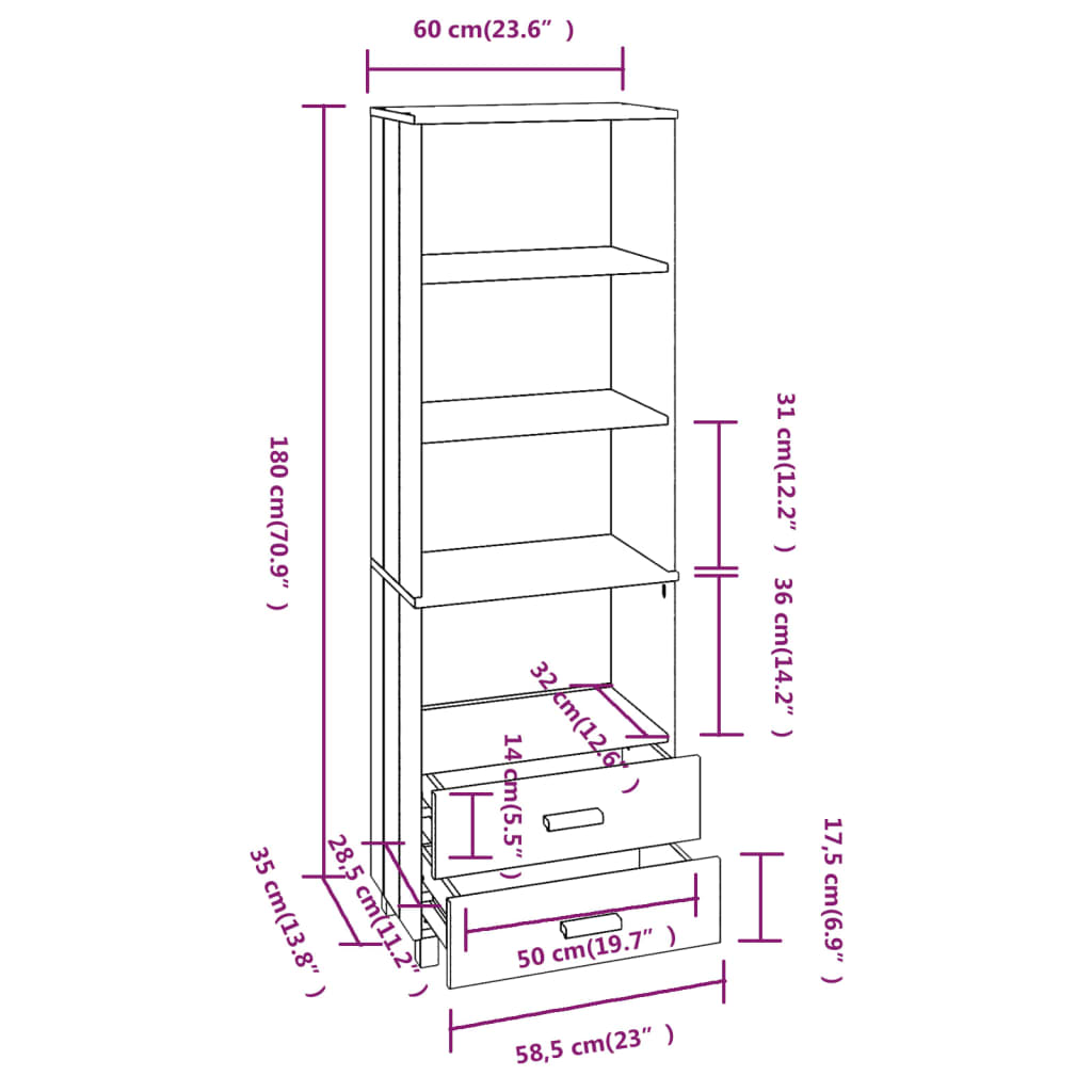 Credenza HAMAR Bianca 60x35x180 cm in Legno Massello di Pino - homemem39