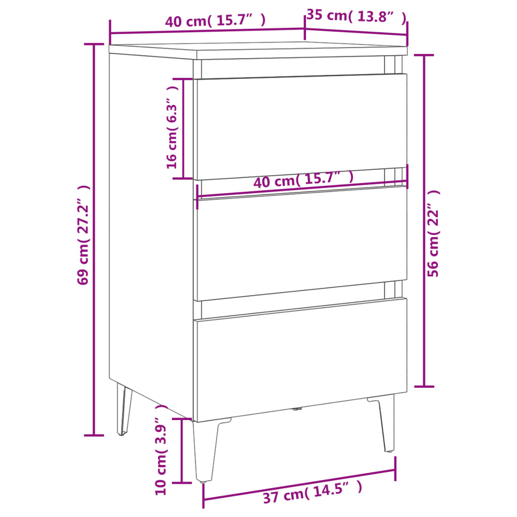 Comodino con Gambe in Metallo Grigio Sonoma 40x35x69 cm