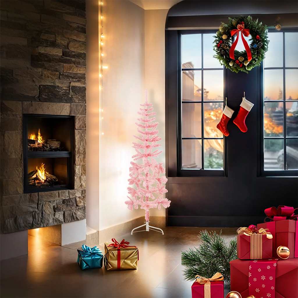 Albero Natale Artificiale Sottile a Metà e Supporto Rosa 120 cm - homemem39