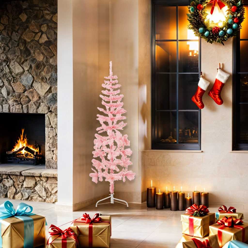 Albero Natale Artificiale Sottile a Metà e Supporto Rosa 150 cm - homemem39