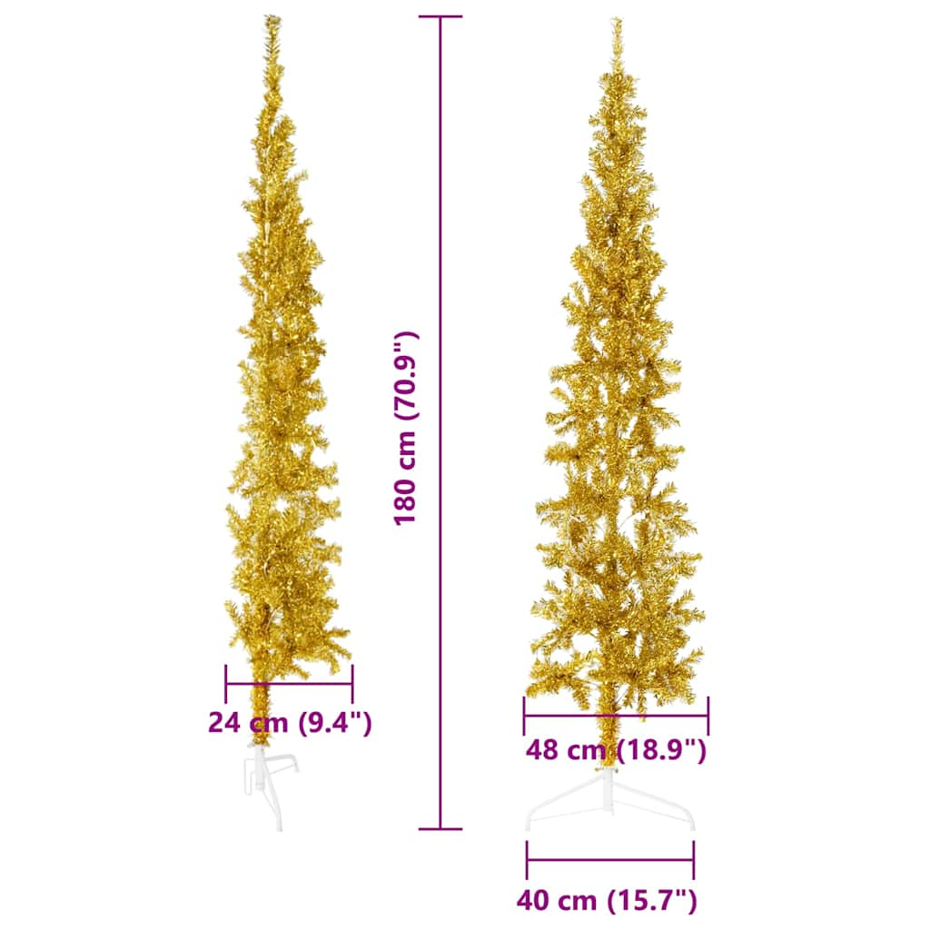 Albero Natale Artificiale Sottile a Metà con Supporto Oro 180cm