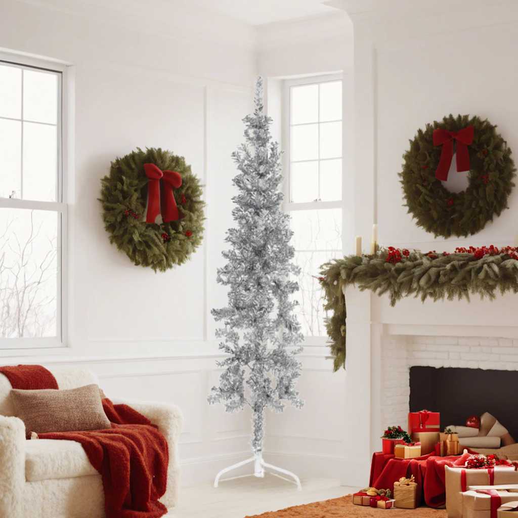 Albero Natale Artificiale Sottile a Metà Supporto Argento 180cm - homemem39