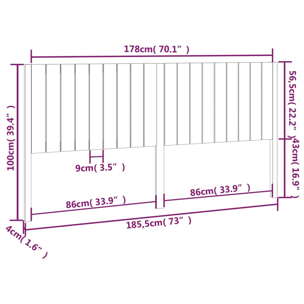 Testiera per Letto 185,5x4x100 cm in Legno Massello di Pino