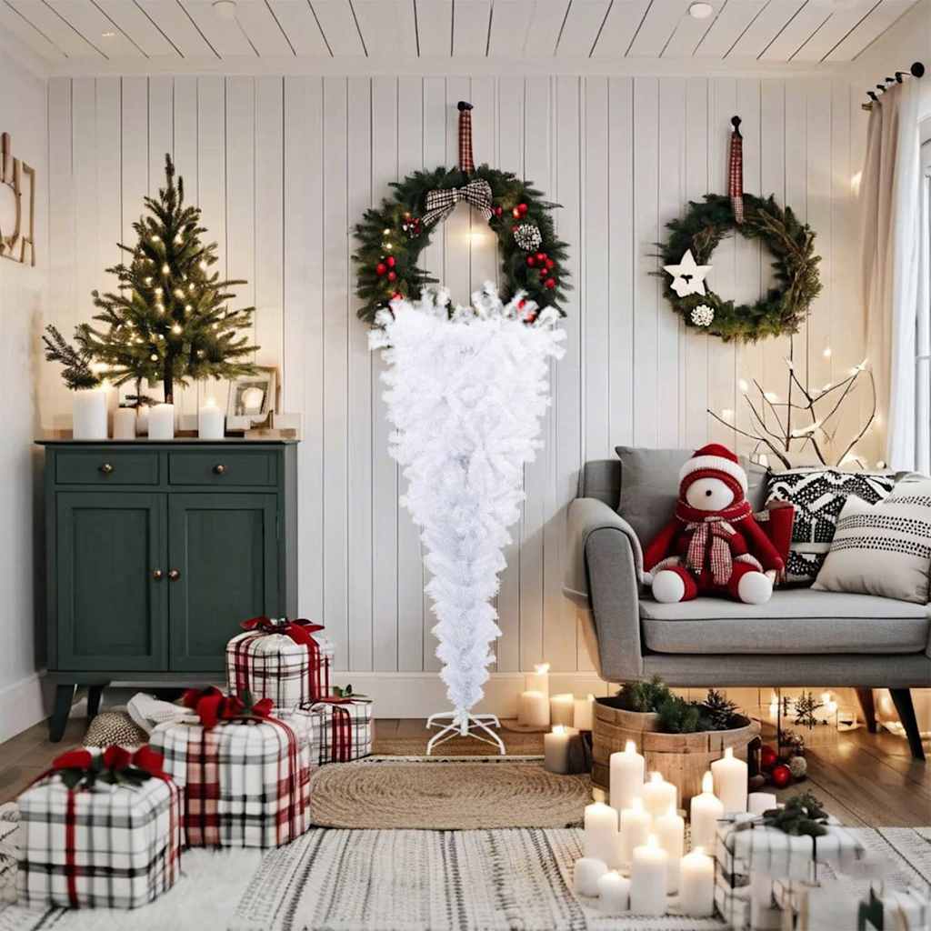 Albero di Natale Artificiale Capovolto con Base Bianco 150 cm