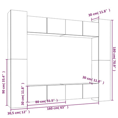 Set Mobili Porta TV 8pz Bianco in Legno Multistrato