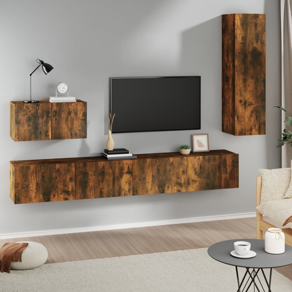 Set di Mobili Porta TV 4 pz Rovere Fumo in Legno Multistrato - homemem39