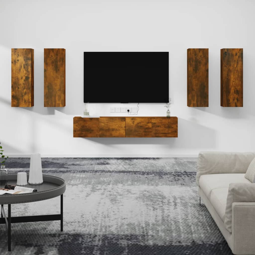 Set di Mobili Porta TV 6 pz Rovere Fumo in Legno Multistrato