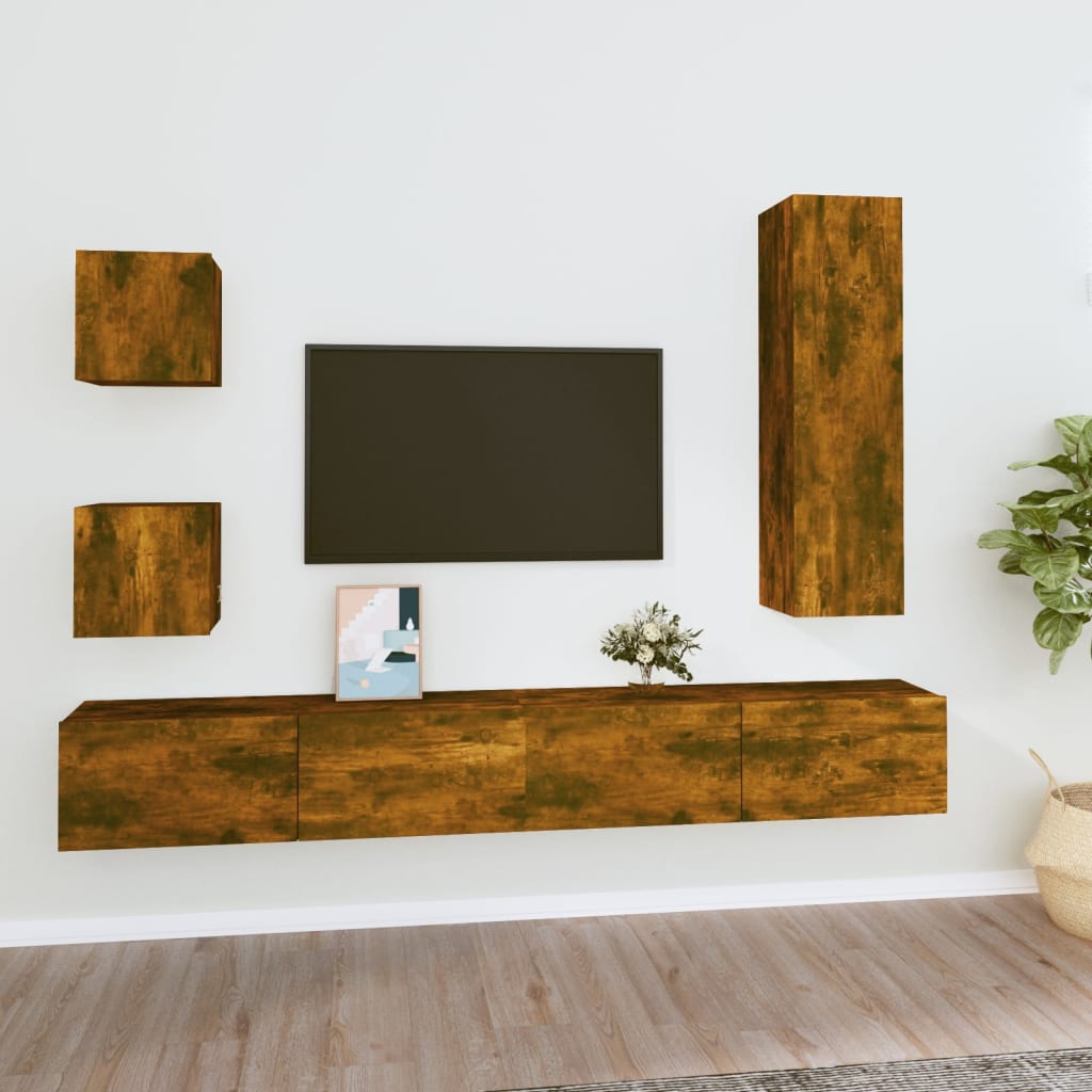 Set di Mobili Porta TV 5 pz Rovere Fumo in Legno Multistrato - homemem39