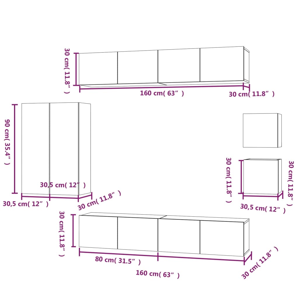 Set Mobili Porta TV 8pz Bianco in Legno Multistrato