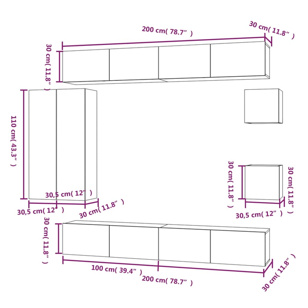 Set di Mobili Porta TV 8 pz Grigio Sonoma in Legno Multistrato