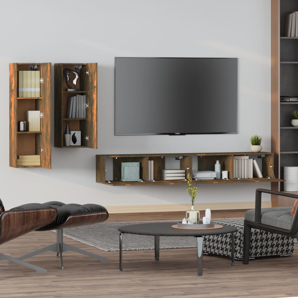 Set di Mobili Porta TV 4 pz Rovere Fumo in Legno Multistrato