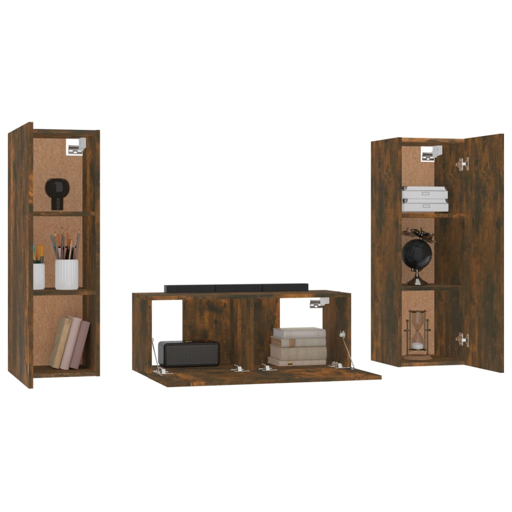 Set Mobili Porta TV 3 pz Rovere Fumo in Legno Multistrato