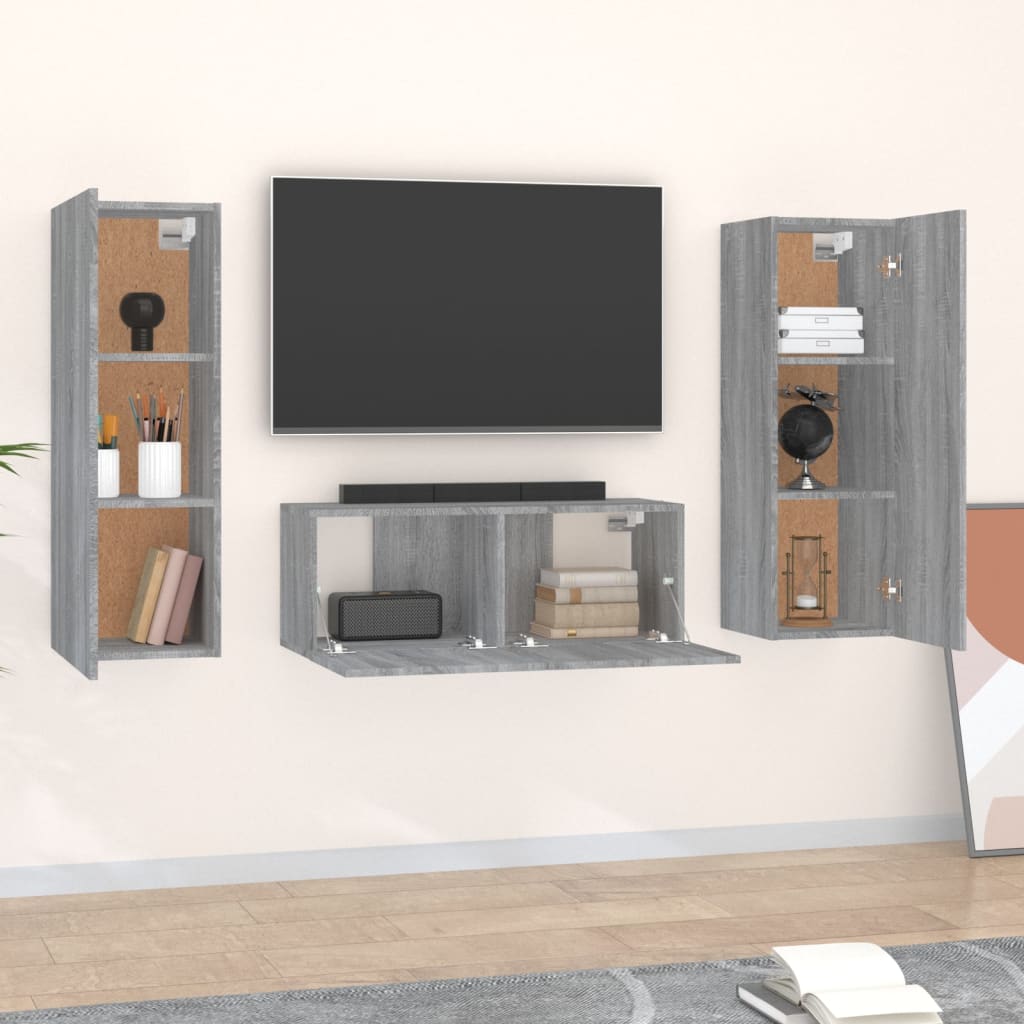 Set Mobili Porta TV 3 pz Grigio Sonoma in Legno Multistrato