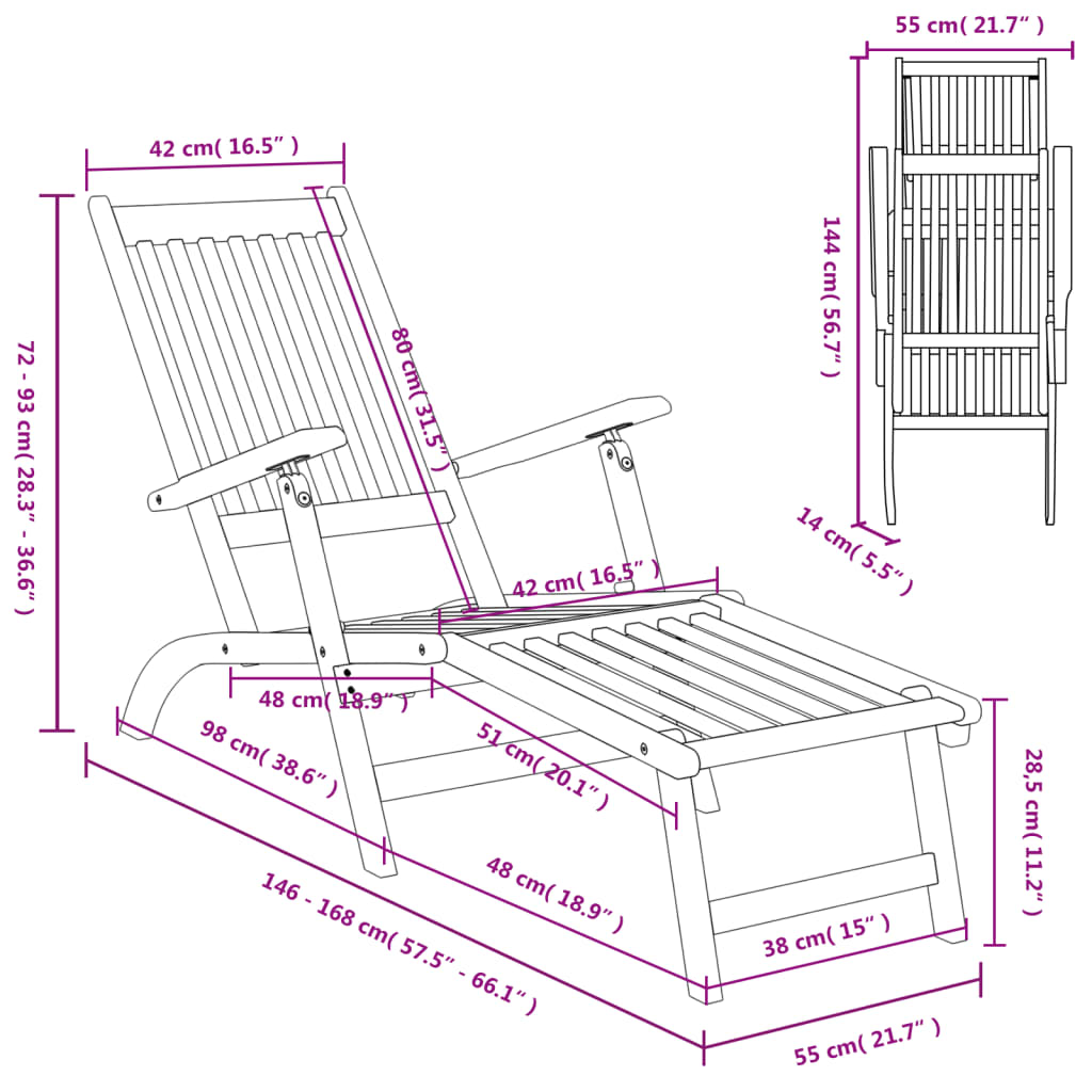 Outdoor Deckchair with Footrest and Table in Solid Acacia