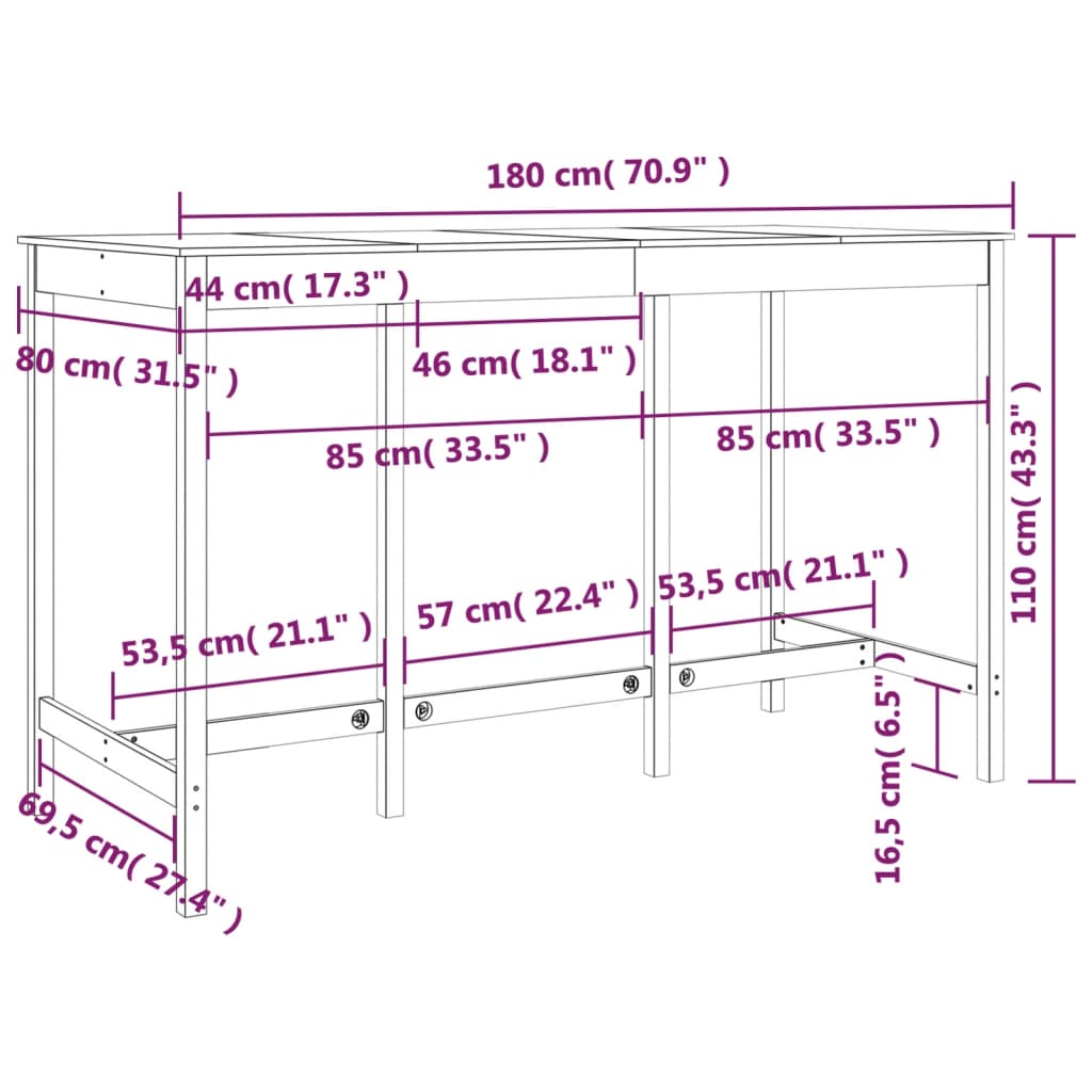 Tavolo da Bar 180x80x110 cm in Legno Massello di Pino - homemem39