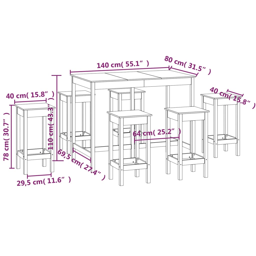 Set da Bar 7 pz Bianco in Legno Massello di Pino - homemem39