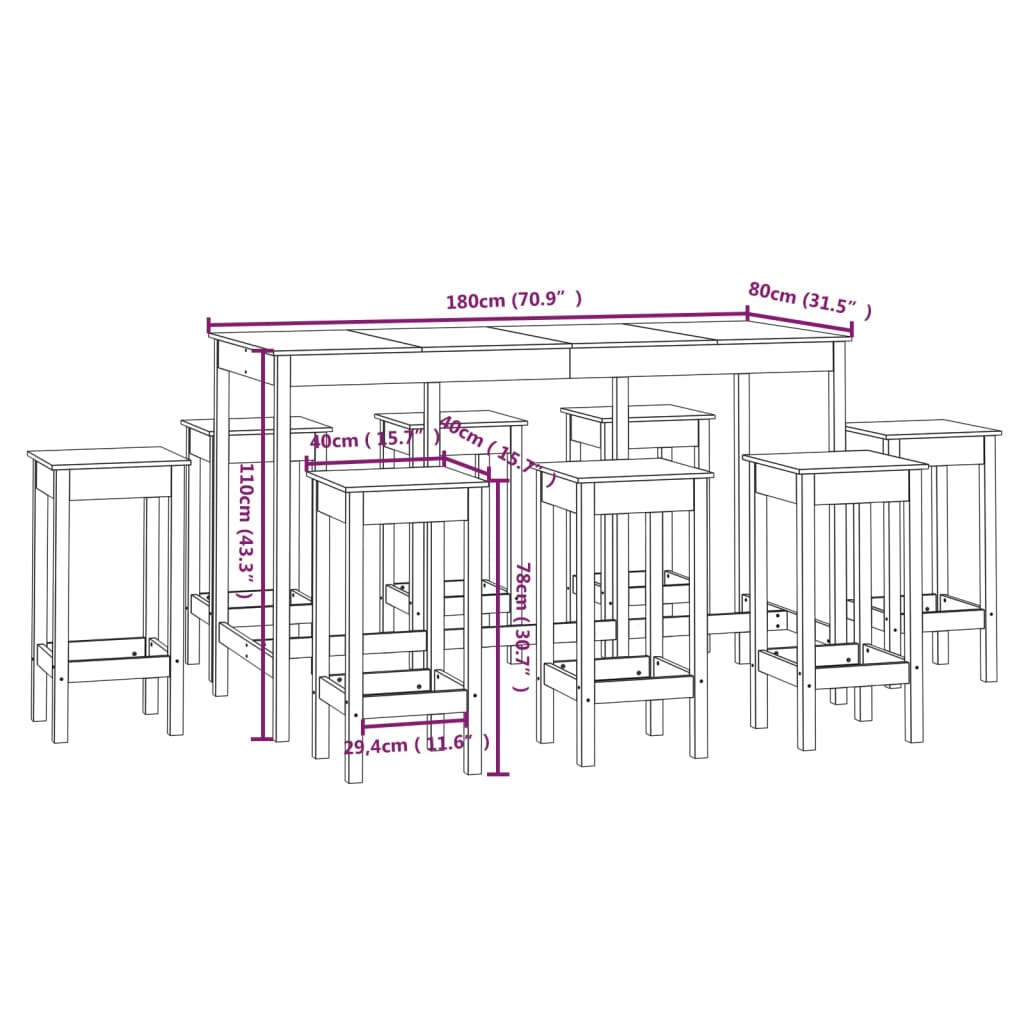 Set da Bar 9 pz Bianco in Legno Massello di Pino - homemem39