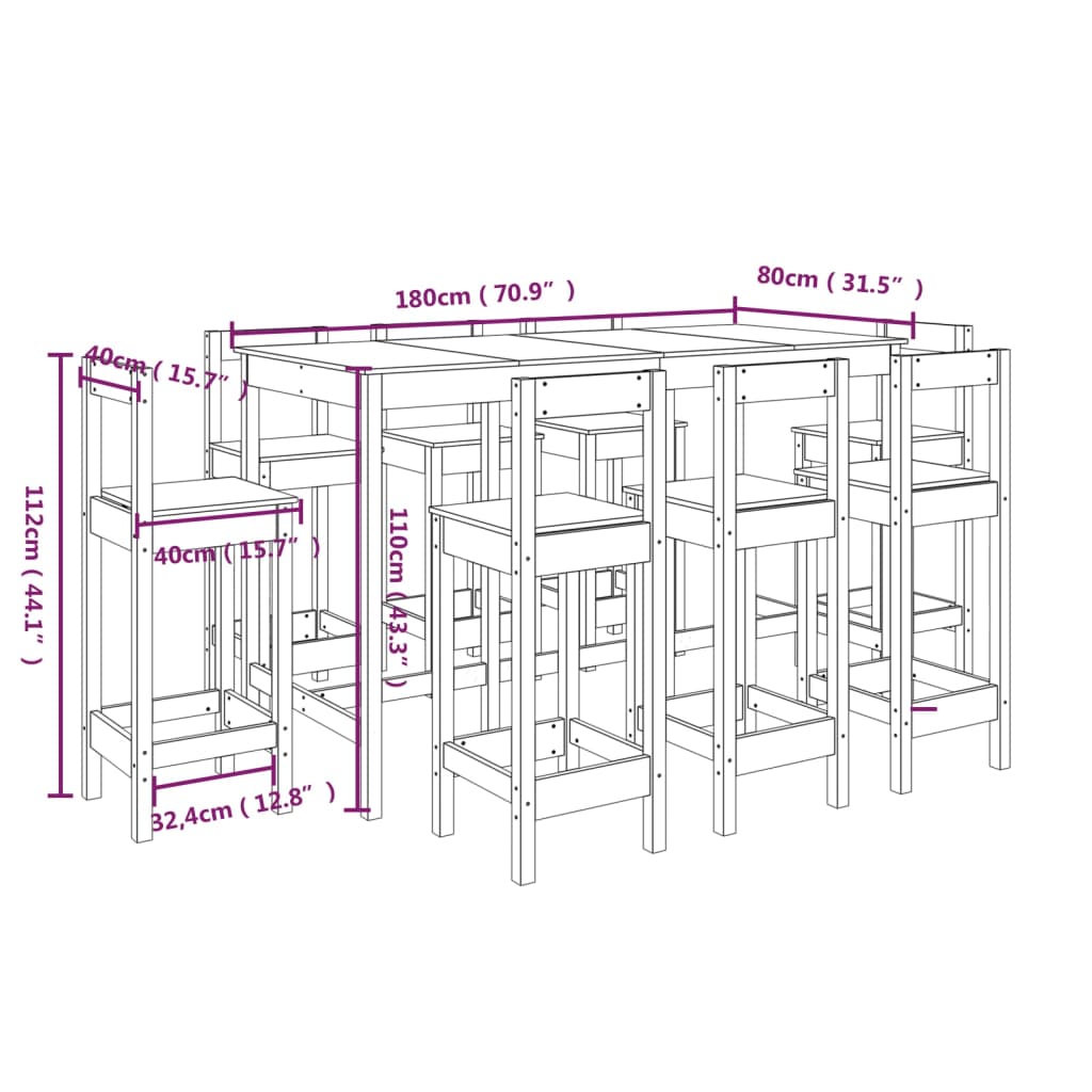 Set da Bar 9 pz Bianco in Legno Massello di Pino