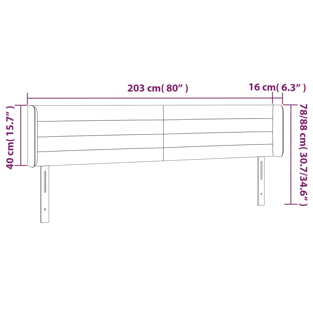 Testiera a LED Nera 203x16x78/88 cm in Tessuto