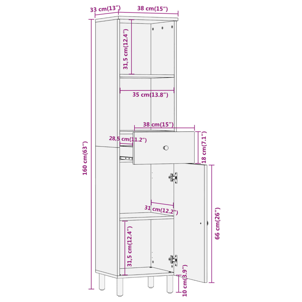 Mobile da Bagno 38x33x160 cm in Legno Massello di Mango - homemem39