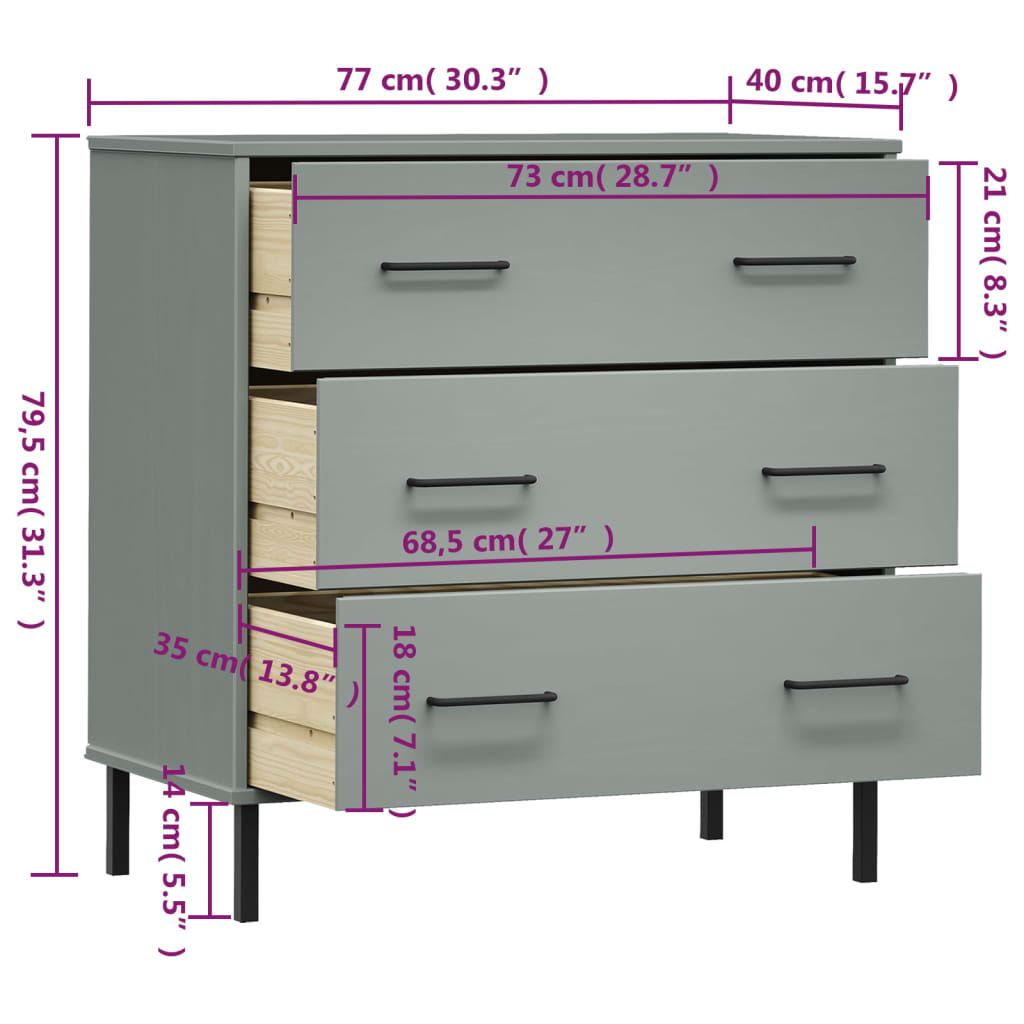 Credenza con 3 Cassetti Grigio 77x40x79,5cm Legno Massello OSLO - homemem39