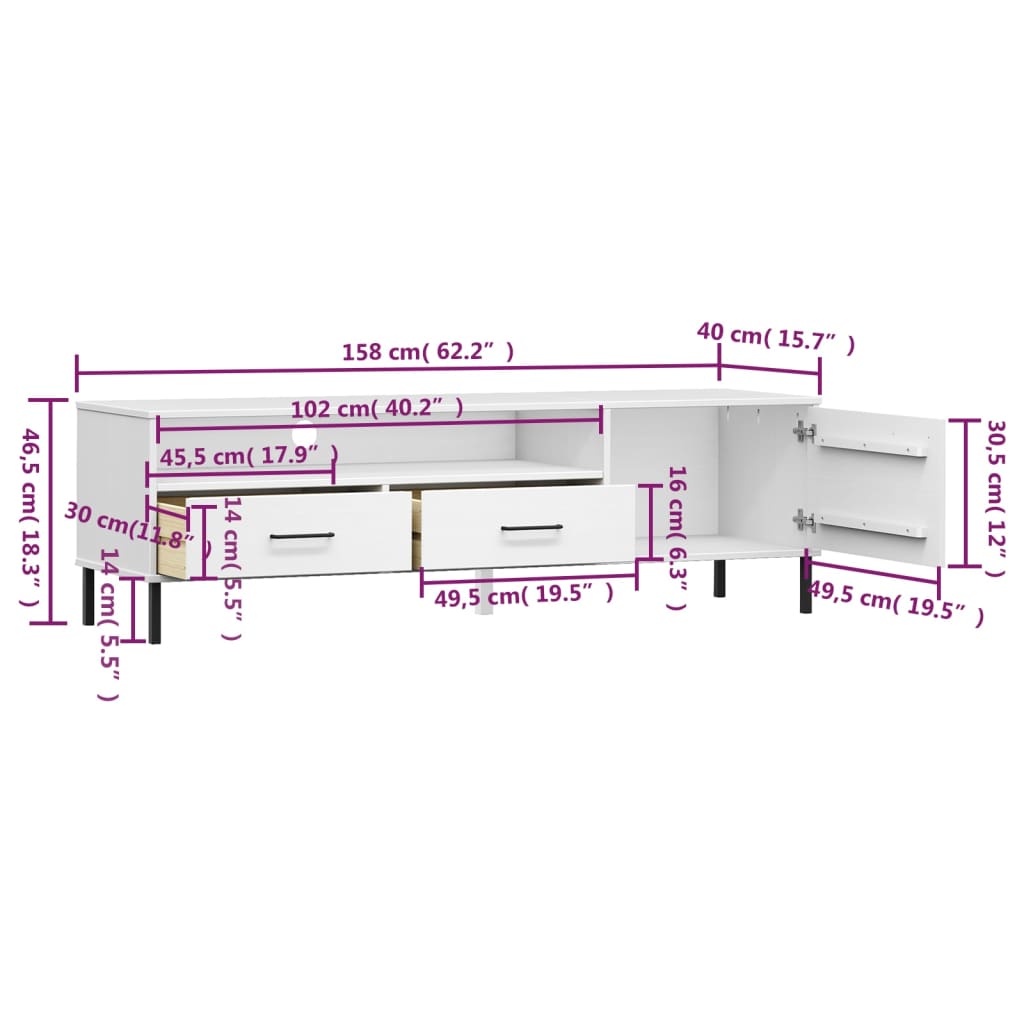 Mobile TV con Gambe Metallo Bianco Legno Massello di Pino OSLO - homemem39