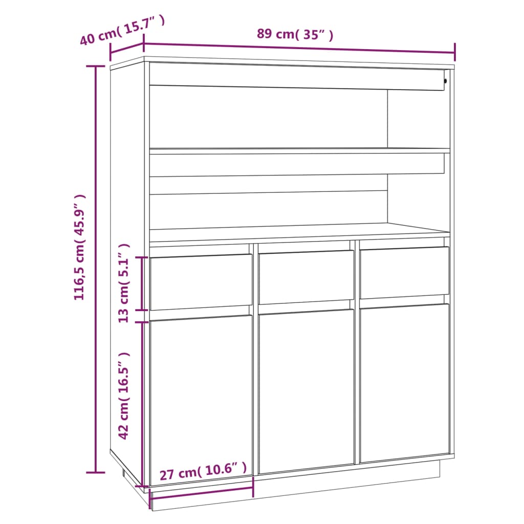 Credenza Grigia 89x40x116,5 cm in Legno Massello di Pino - homemem39