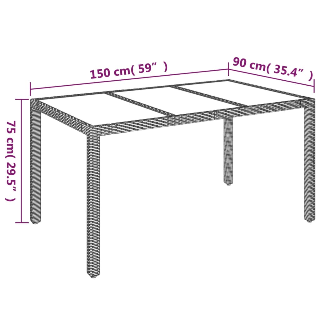 Tavolo da Giardino Piano in Vetro Grigio 150x90x75cm Polyrattan - homemem39