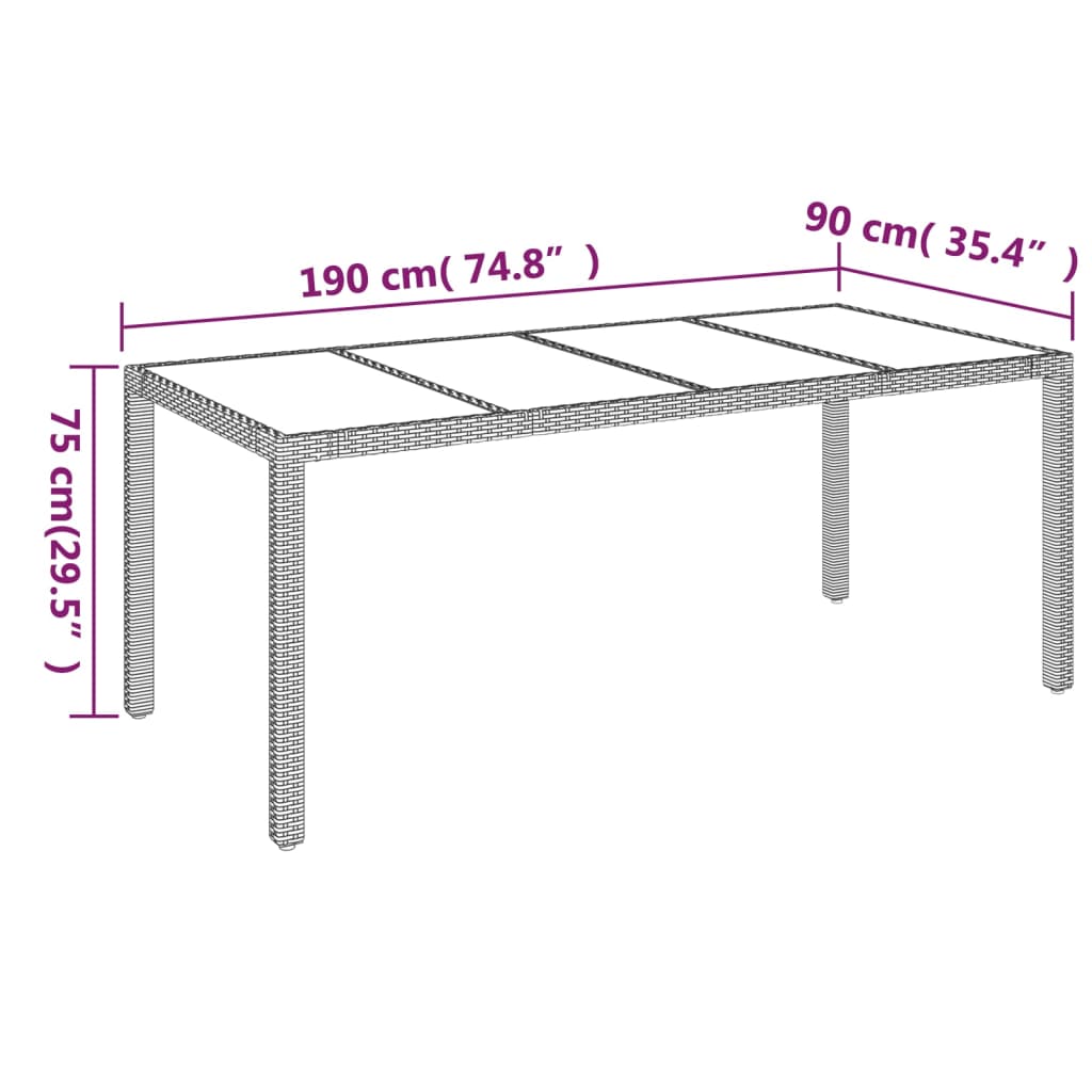 Tavolo da Giardino Piano in Vetro Grigio 190x90x75cm Polyrattan