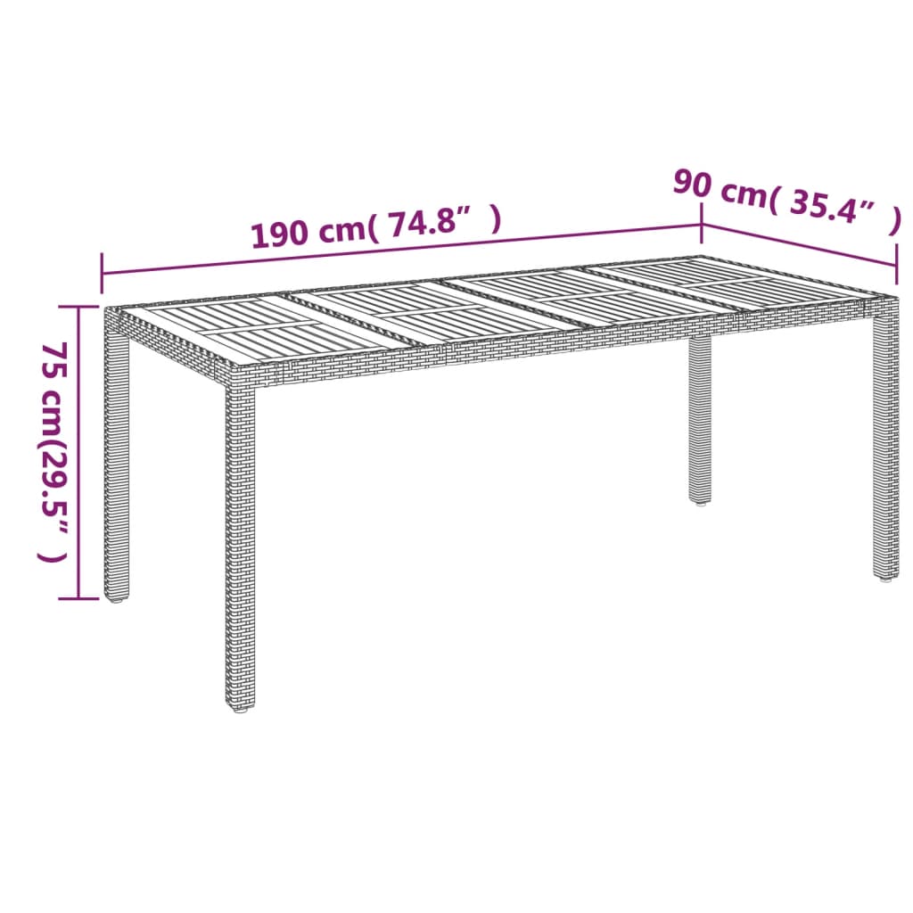 Tavolo da Giardino Piano in Legno Nero 190x90x75 cm Polyrattan