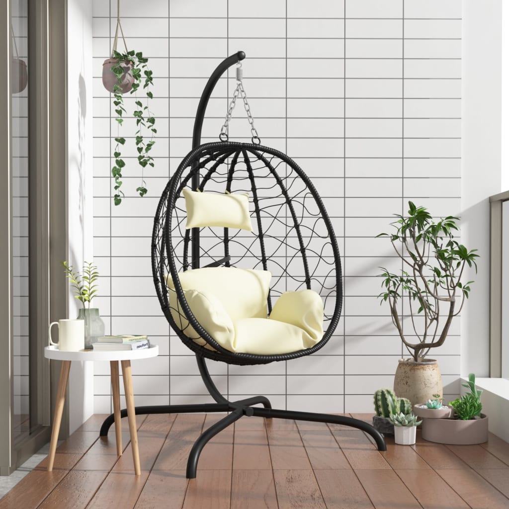 Sedia Uovo Sospesa con Cuscino Bianco Crema Polyrattan Acciaio - homemem39