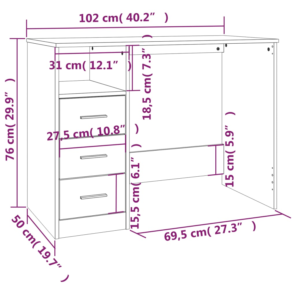 Scrivania Cassetti Grigio Cemento 102x50x76cm Legno Multistrato - homemem39