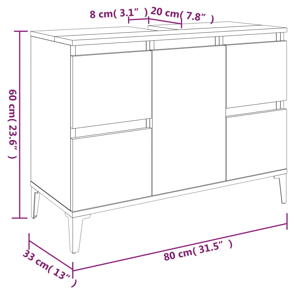 Mobile Lavabo Bianco Lucido 80x33x60 cm in Legno Multistrato - homemem39