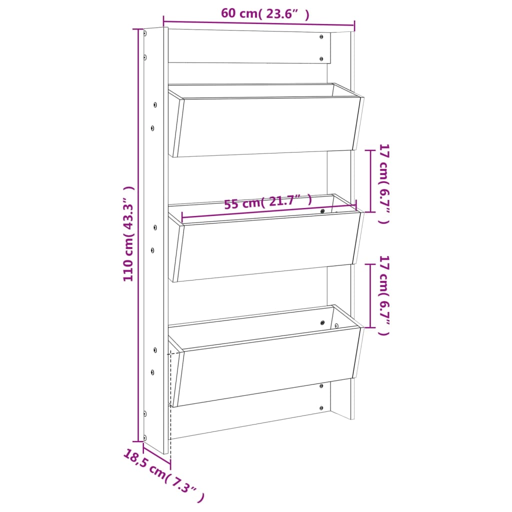 Fioriera a Muro 3 Ripiani 60x18,5x110cm Legno Massello di Pino - homemem39