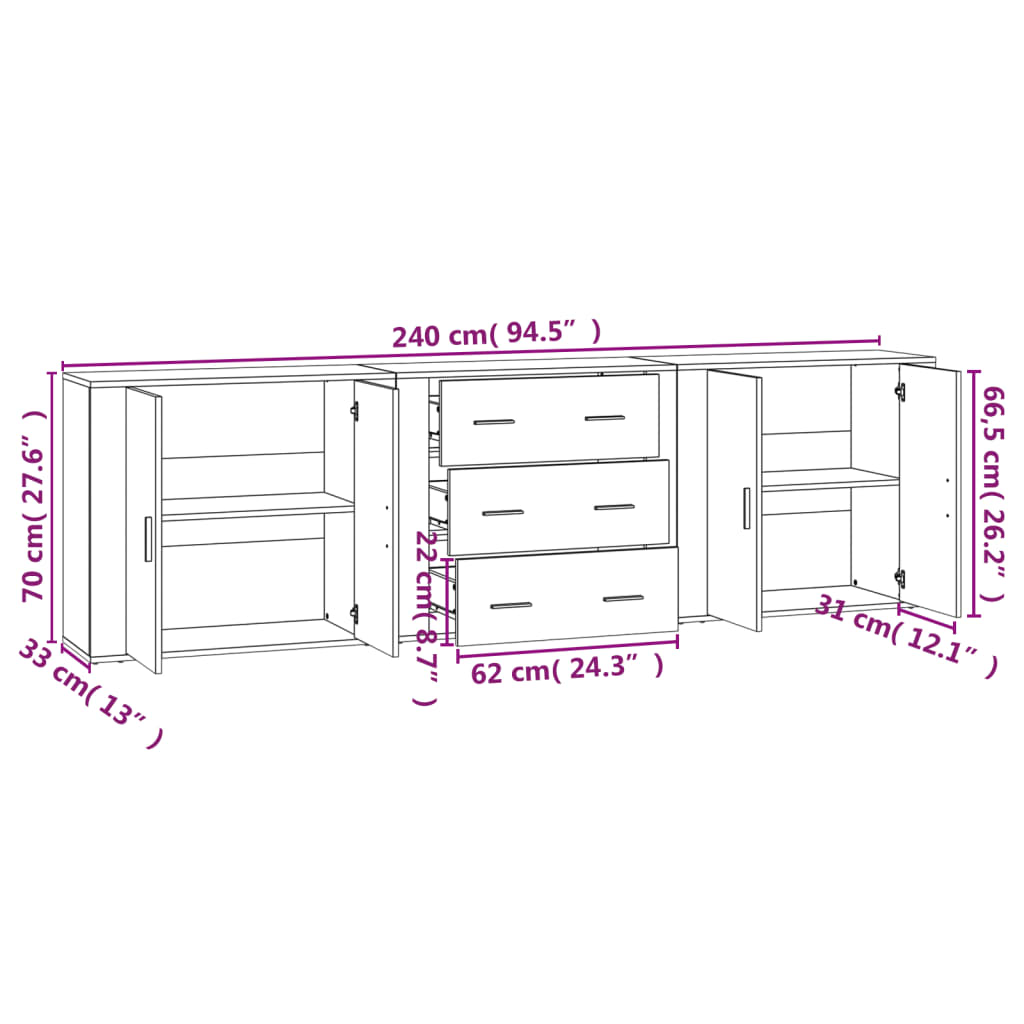 Credenze 3 pz Rovere Fumo in Legno Multistrato