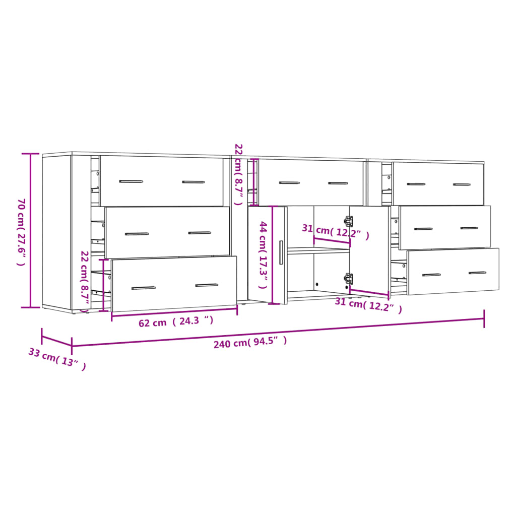 Credenze 3 pz Rovere Sonoma in Legno Multistrato