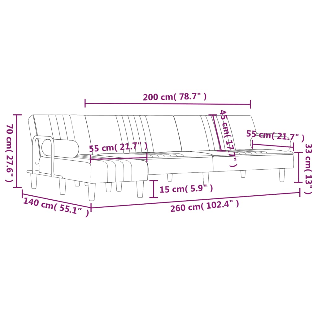 Divano Letto a L Blu 260x140x70 cm in Velluto