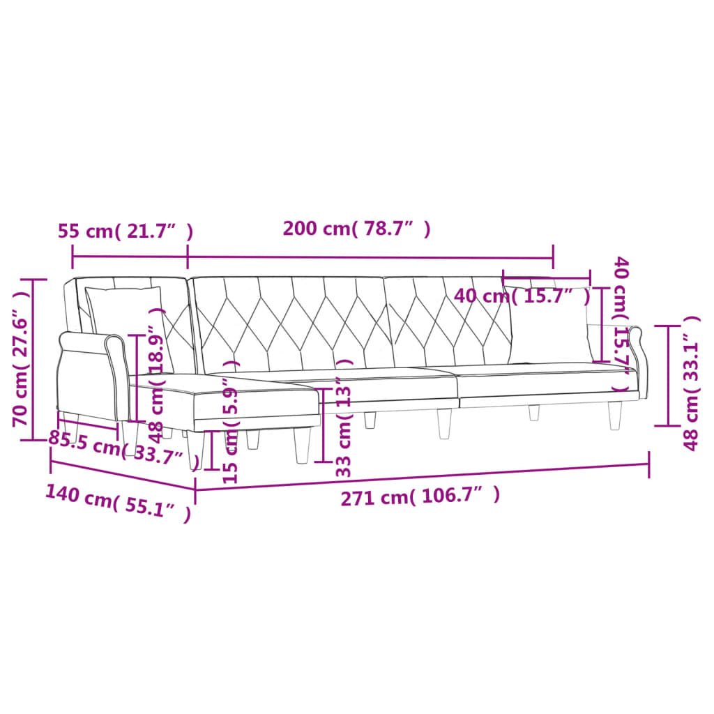 Divano Letto a L Grigio Scuro 271x140x70 cm in Velluto - homemem39