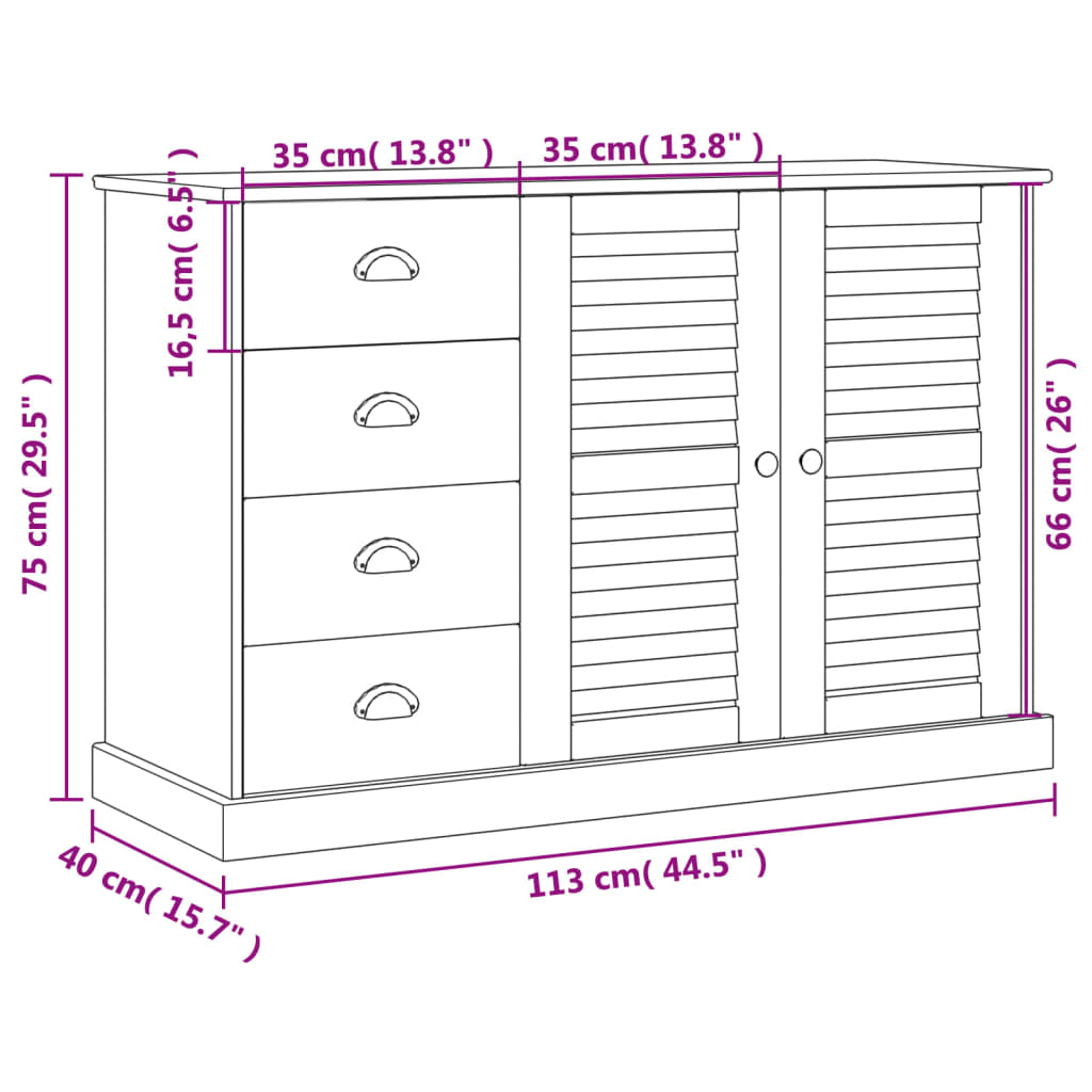 Credenza Cassetti VIGO 113x40x75 cm Legno Massello Pino Bianco - homemem39