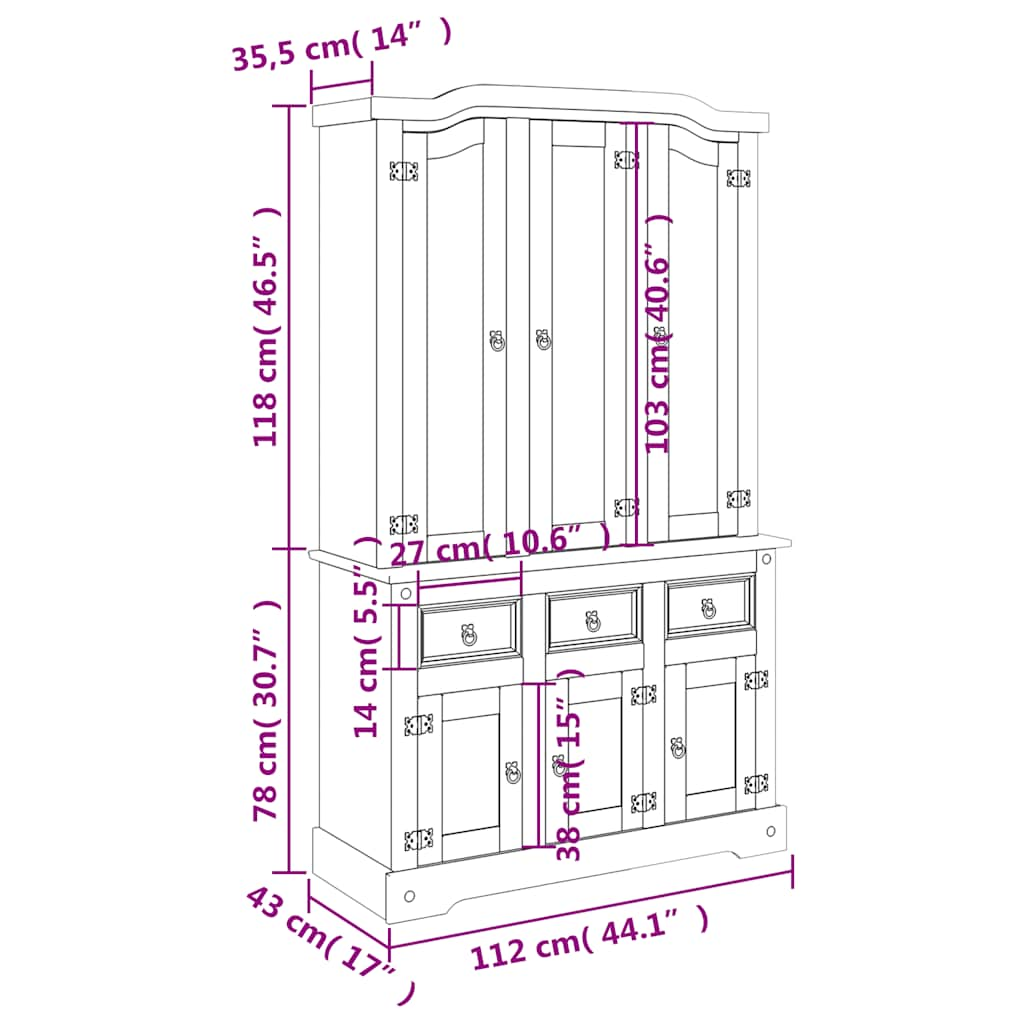 Credenza Corona Marrone 112x43x196cm in Legno di Pino Messicano - homemem39