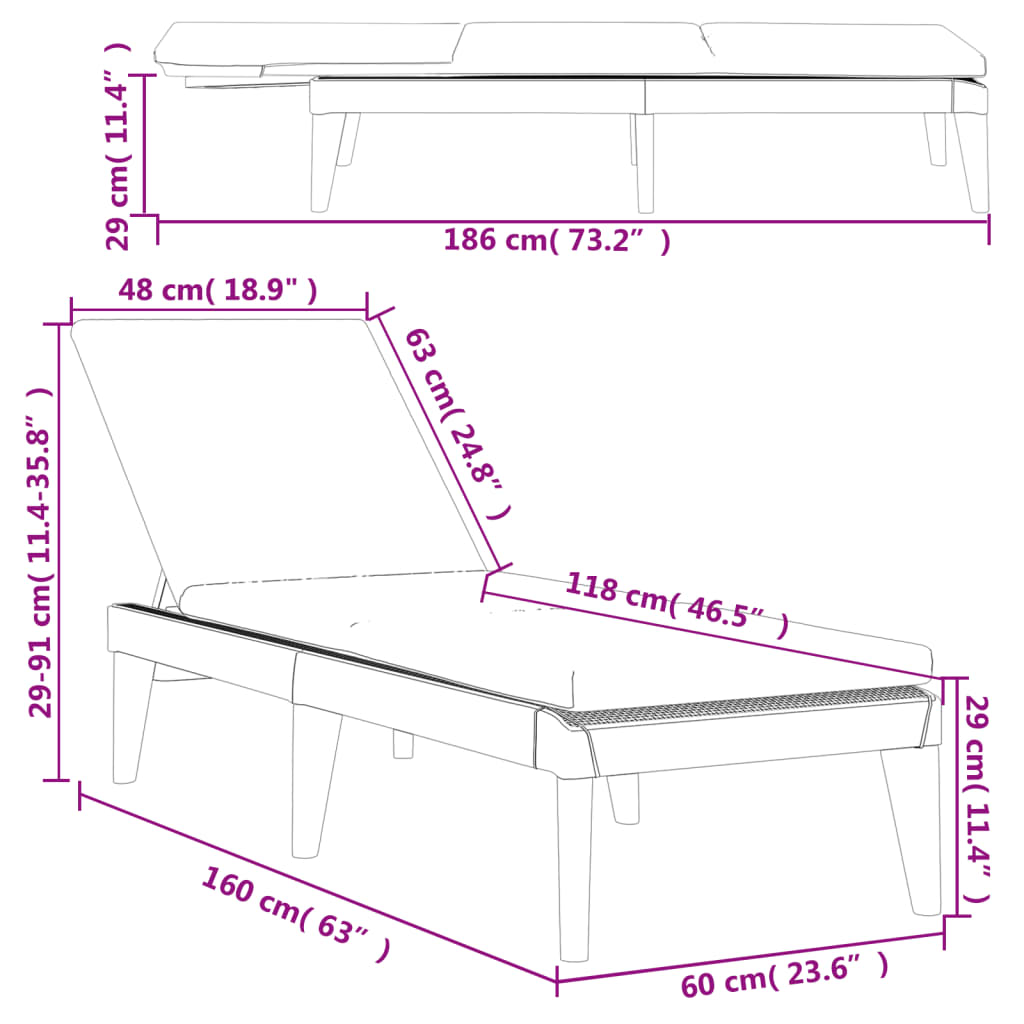 Lettino con Cuscino Bianco 186x60x29 cm in PP