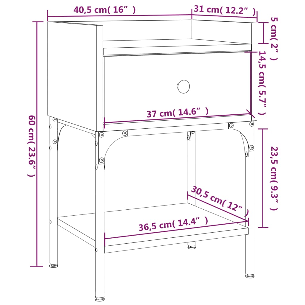 Comodino Nero 40,5x31x60 cm in Legno Multistrato