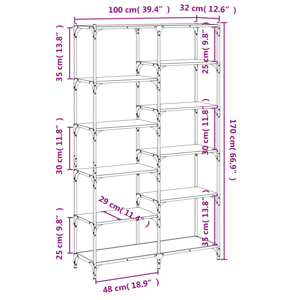 Libreria Rovere Fumo 100x32x170 cm in Legno Multistrato e Ferro - homemem39