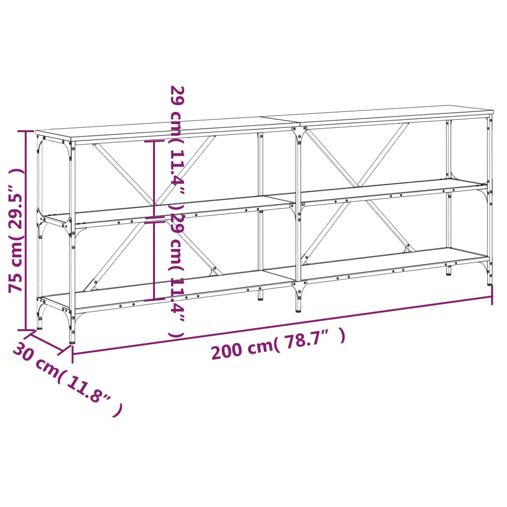 Tavolino Consolle Nero 200x30x75 cm Legno Multistrato e Ferro