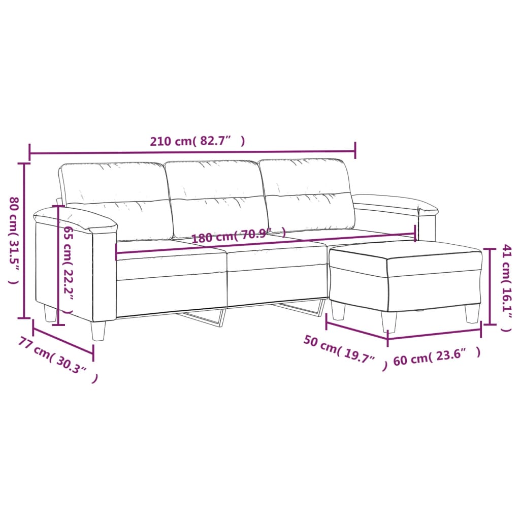 Divano a 3 Posti con Poggiapiedi Grigio Chiaro 180cm Microfibra - homemem39