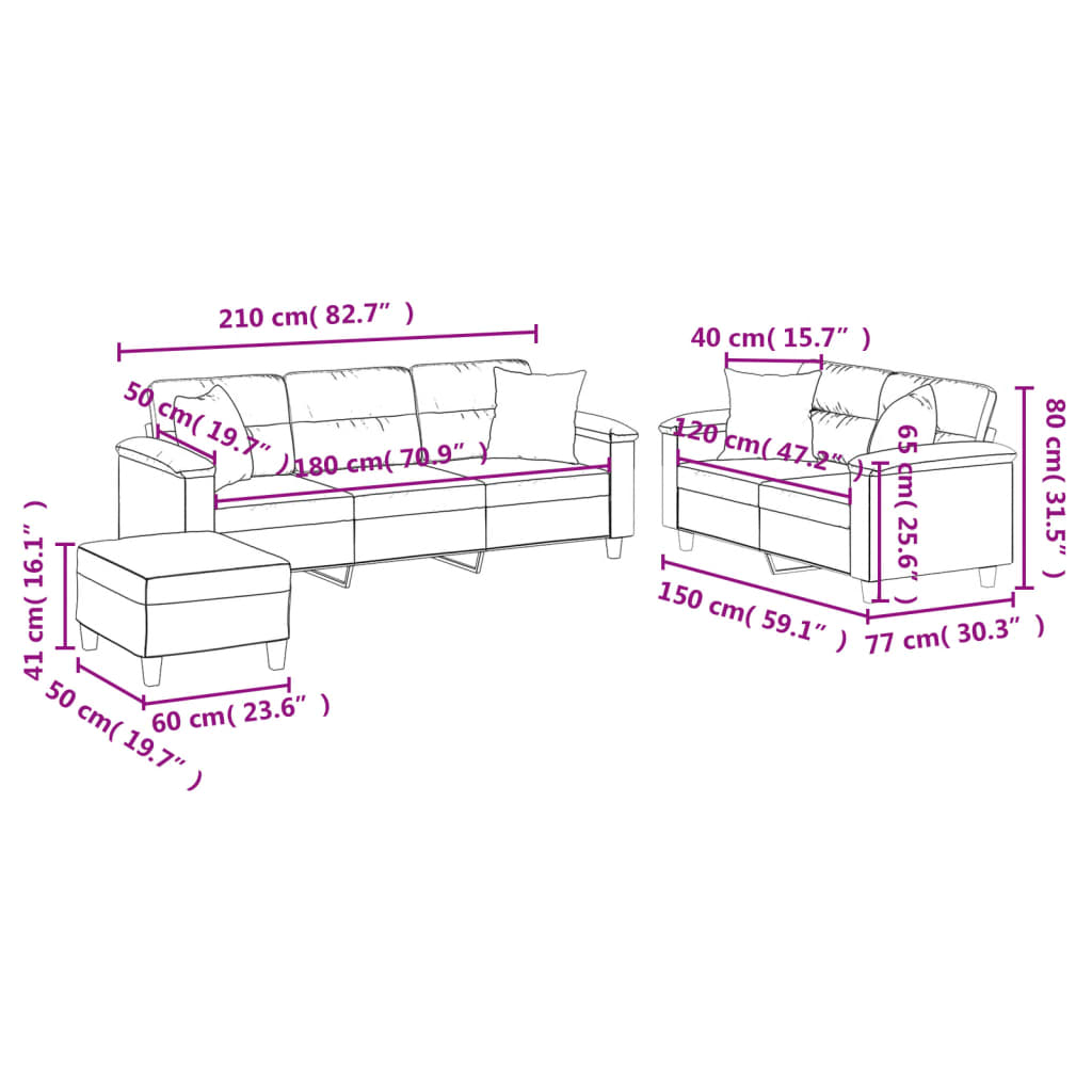 Set Divani 3 pz con Cuscini Grigio Chiaro in Tessuto Microfibra - homemem39