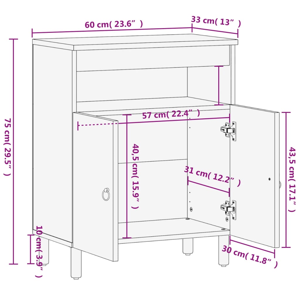 Credenza 60x33x75 cm in Legno Massello di Mango