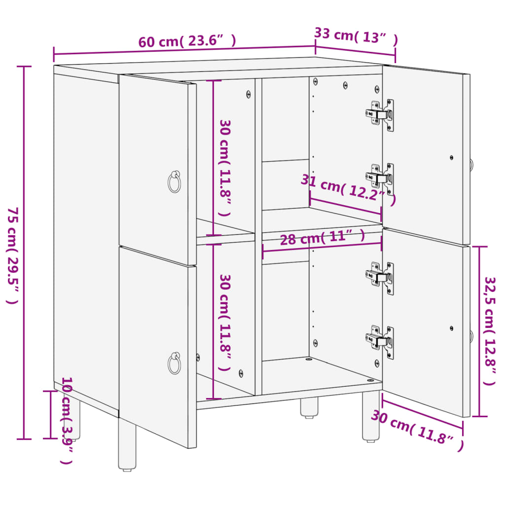 Credenza 60x33x75 cm in Legno Massello di Mango